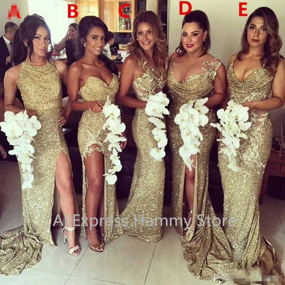 

Sparkly Bling Gold Sequined Mermaid Bridesmaid Dresses Backless Slit Plus Size Maid Of The Honor Gowns Wedding Dress