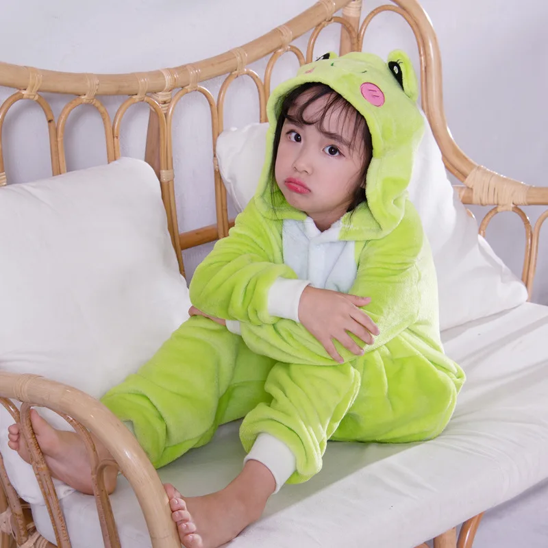 Kids Boys Girls Warm Pajamas Animal Onsies Flannel Children's Sleepwear Green Frog pajamas For Girls Boys Nightgown Cosplay