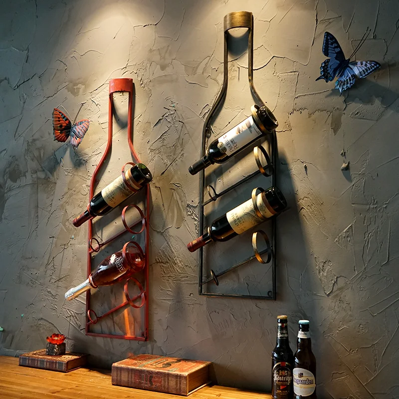 Exquisite Workmanship Vintage Wine Rack Storage Wrought Iron Wall Mounted Wine Rack Vintage Decoration Craft Iron Bottle