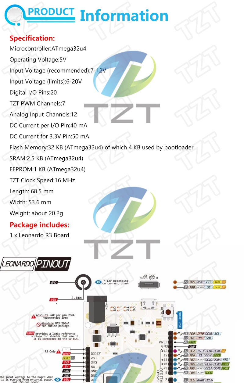 TZT Leonardo R3 Mikrocontroller Original Atmega32u4 Entwicklungsboard mit USB-Kabel kompatibel für Arduino DIY Starter Kit – Detail 1