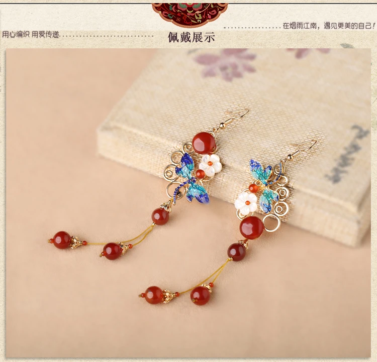 Chinese palace style vintage 925 silver pin Cloisonne red stone tassel earrings for full dress cheongsam Martial arts decoration