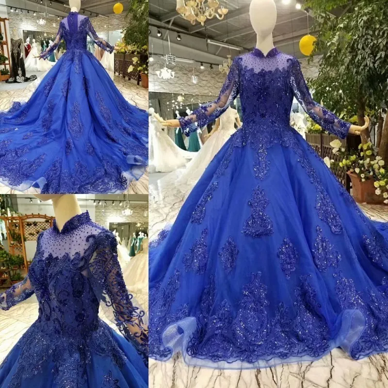 Hot9 New High Neck Long Sheelves Lace Up Button Long Trail Luxury Eppliqued Built In Bra Ball Gown Blue Bridal Wedding Dress Hot9 New High Neck Long Sheelves Lace Up Button Long Trail Luxury Eppliqued Built In Bra Ball Gown Blue Bridal Wedding Dress