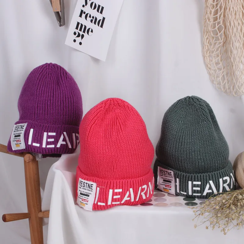 Новинка года, Детская вязаная шапка с ушками Милая шапочка корейская модная детская шапка с буквенным принтом зимняя однотонная детская шапочка для девочек и мальчиков