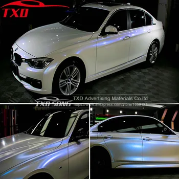 

10/20/30/40/50/60x152CM/Lot Blue Pearl glossy white Chameleon Vinyl Stikcer with air free bubbles Metallic white chameleon Vinyl
