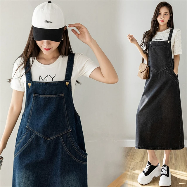 Irregular Slit Denim Strap Dress For Women Vintage Loose Long Sundress  Female Spring Summer All-Match Jean Dresses