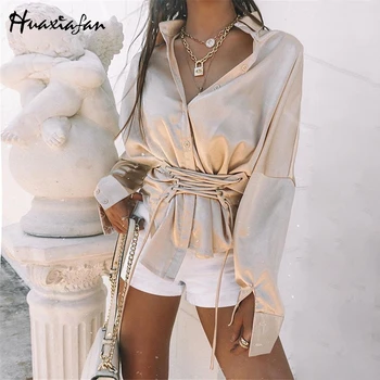 

Huaxiafan satin blouse women solid shirt bandage high waist vintage button blouse shirts long sleeve female tops blusas 2020 new