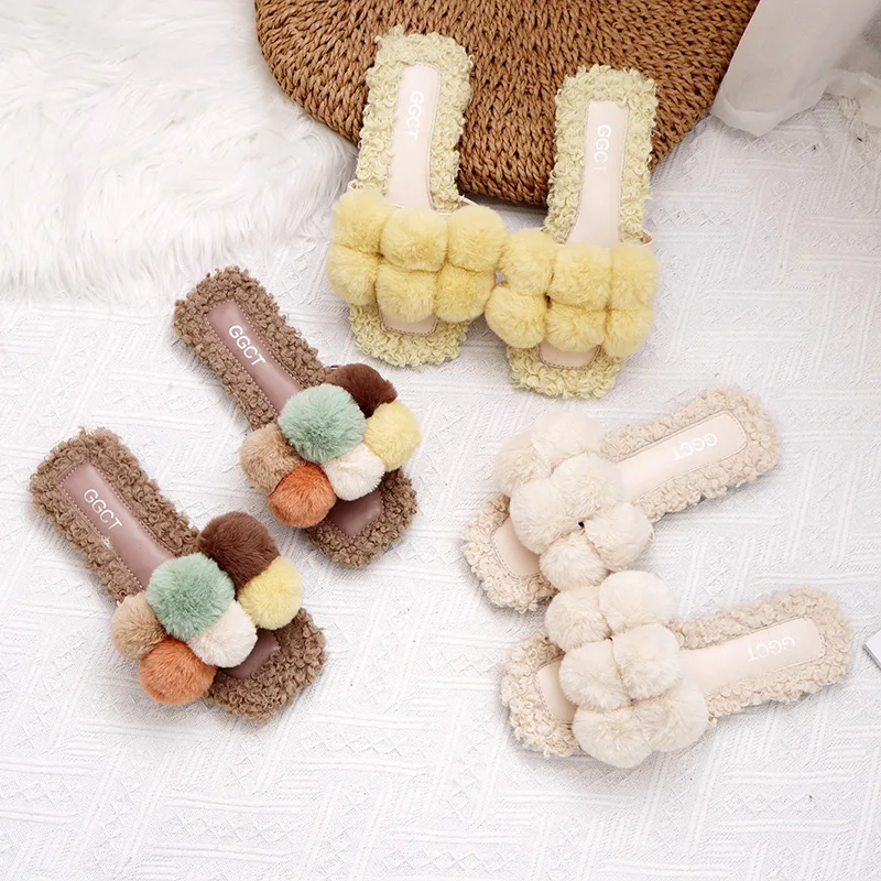 

Shoes Loafers Slippers Platform Pokemon Plush 2019 New Women Slides Flock Soft Fur Flat Rubber Sweet with fur Autumn
