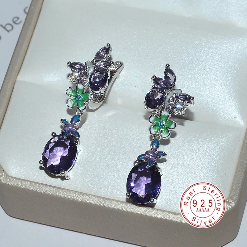 Новые корейские модные цветные цветы Фиолетовый Кристалл 925 стерлингового серебра дизайнерский серьги-гвоздики каменные серьги для женщин ювелирные изделия