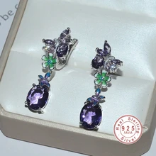 Новые корейские модные цветные цветы Фиолетовый Кристалл 925 стерлингового серебра дизайнерский серьги-гвоздики каменные серьги для женщин ювелирные изделия