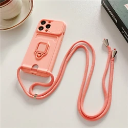 Crossbody Lanyard Silicone Card Wallet Case with Slide Camera Cover for iPhone X or XS (Pink)