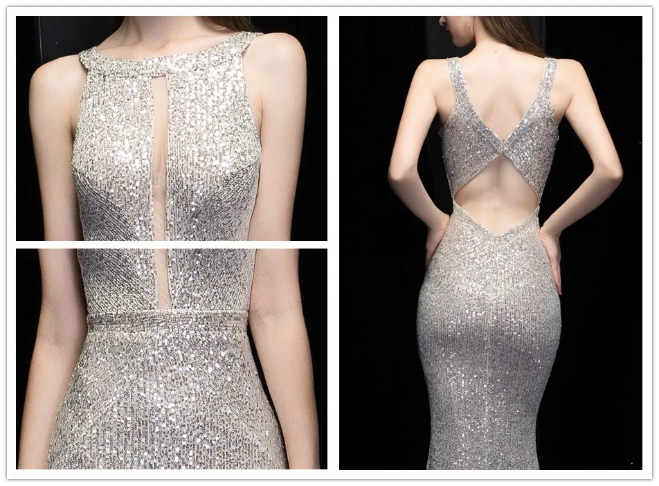 Skyyue Robe De Soiree, серебристые вечерние платья с блестками, K099, Холтер, Платья для вечеринок для женщин, без рукавов, элегантное, Русалка, официальное платье