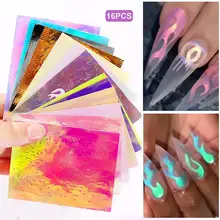 16 шт. ногтевой Фольга Стикеры комплект голографическая Аврора пламени клей обертывания передачи Бумага наклейка слайд Мрамор блестящие, для дизайна ногтей Стикеры