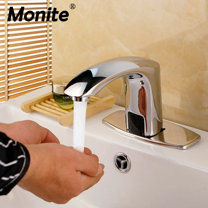 

Monite Solid Brass Automatic Hands Touch Free Sensor Basin Faucet Chrome Polish Design Hot Cold Sink Tap Bathroom Faucet