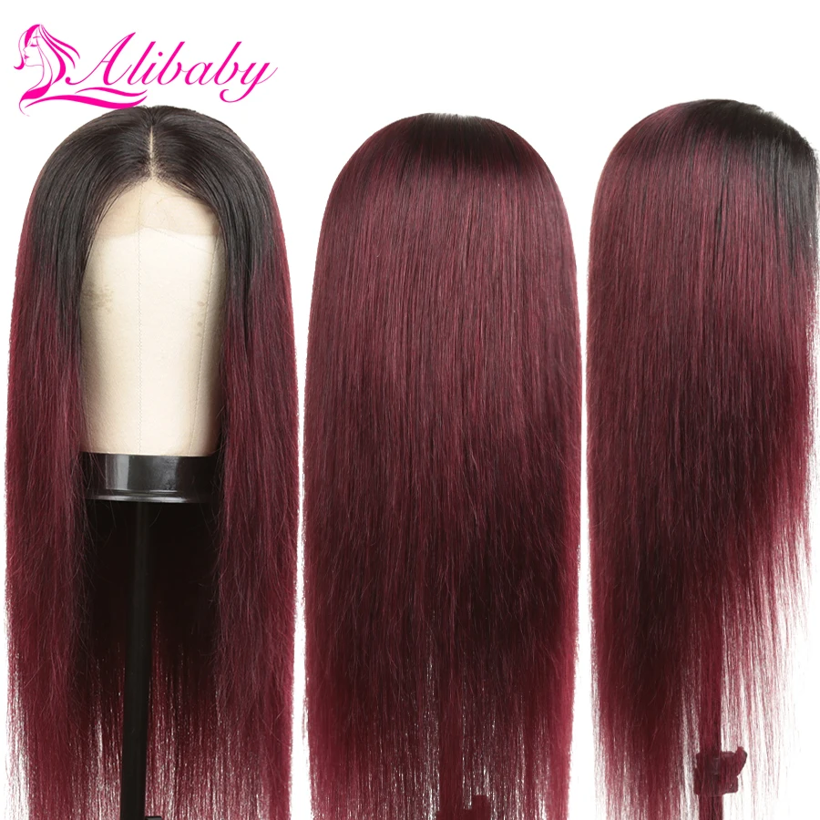 Alibaby 13 × 4 парик фронта шнурка винно-красный парик фронта шнурка человеческих волос предварительно сорванный бразильский Омбре парик фронта шнурка Бургундия прямой