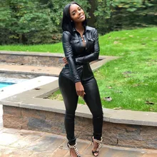 Женский спортивный костюм, набор, Осень-зима, кожа, два предмета, с отворотом, карман, длинный рукав, куртка, топ и брюки-карандаш, набор# D