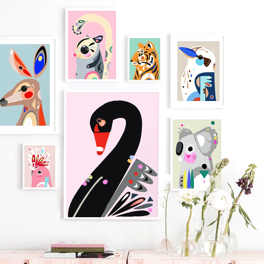 Colorful Tigher Koala kangaroo Bird Swan Wall Art Canvas Painting Nordic Posters And Prints Wall Pictures For Living Room Decor