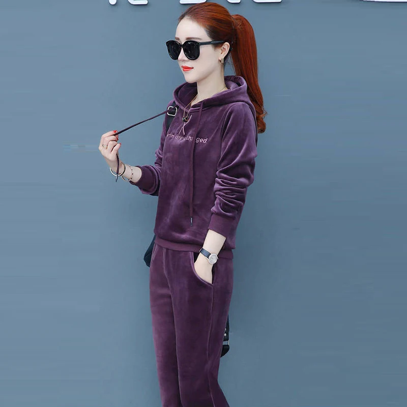 Matching Sets Autumn Plus Size Casual Loose Velvet Tracksuits 2 Pieces Set Women High Elastic Hooded Sweatshirts And Harem Pants