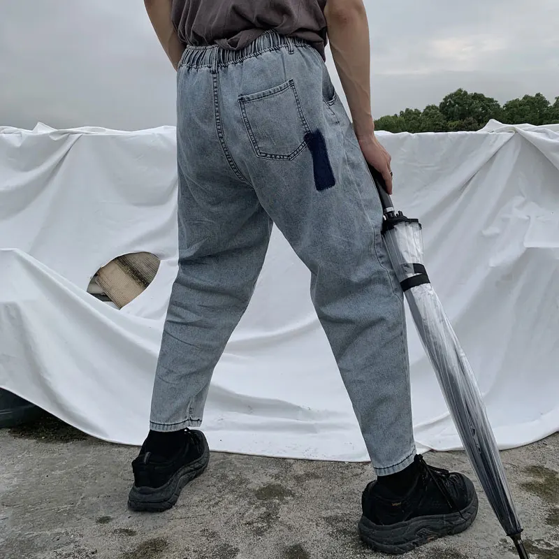 String Waistband High Waist Patchwork Contrast Color Harem Denim Pant Streetwear Hip Hop Harajuku Trouser Korean Women Man Loose