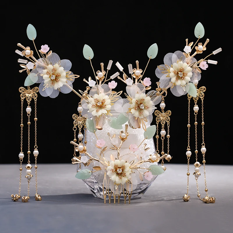 Chinese Long Hair Stick Tiara Headpiece Women Hair Accessories Flower Crystal Pearl Pins Handmade Hanfu Jewelry Set