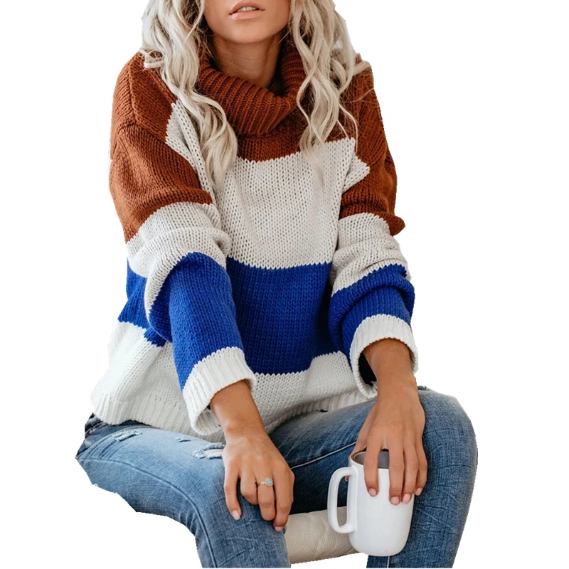 Свитер с высоким воротом для женщин лоскутный цветной блок сплайсинг свободный