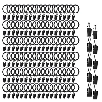 

100 PCS Curtain Ring with Clip and 10 Pcs Clip, 1 Inch (2.54 mm) Metal Decorative Black Curtain Window Ring