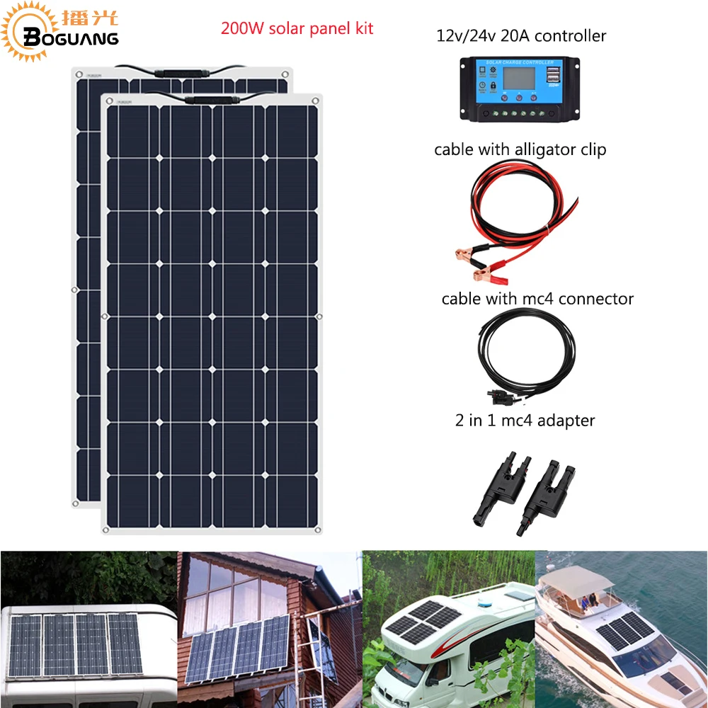 Boguang Brand Solar panel 2 piezas 100w 200W Flexible Panel Solar módulo sistema RV coche barco marino uso doméstico 12V /Kit de bricolaje de 24V paneles solares panel de aislamiento - 1