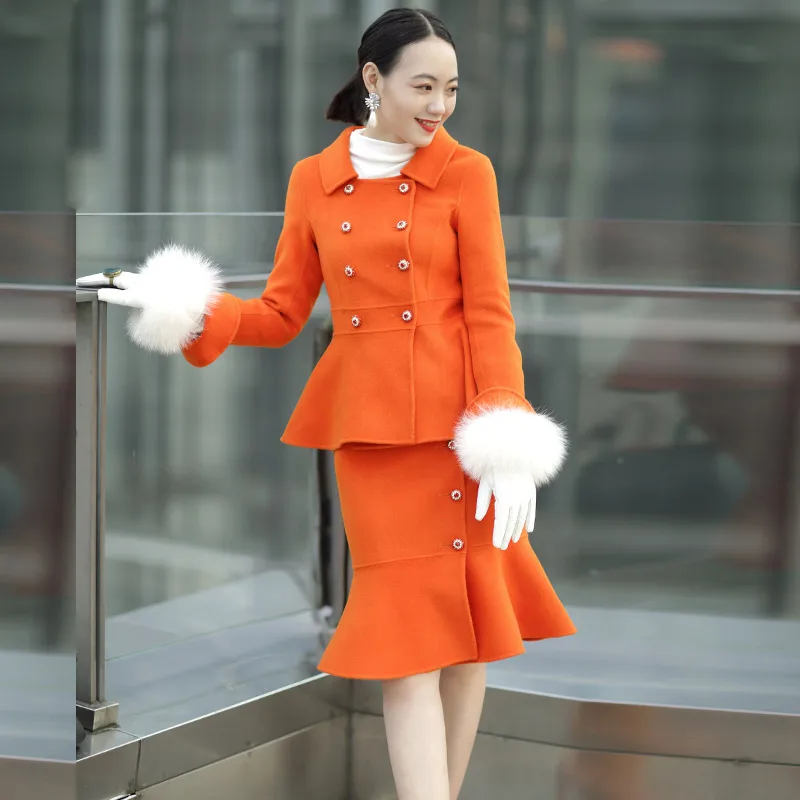 

Customize High End Handmade Two-piece Cashmere Wool Fish Tail Skirt Suits Orange Color Luxury Formal Women's 2 Pieces Set