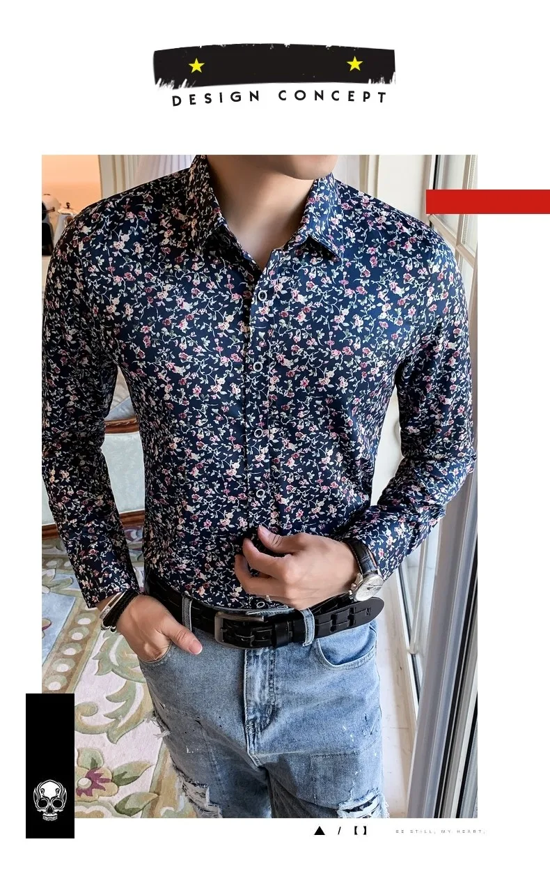 Корейская мужская одежда осенние мужские рубашки с цветочным принтом уличная одежда с длинным рукавом мужские повседневные рубашки зауженный крой, для вечеринки, одежда рубашка-смокинг