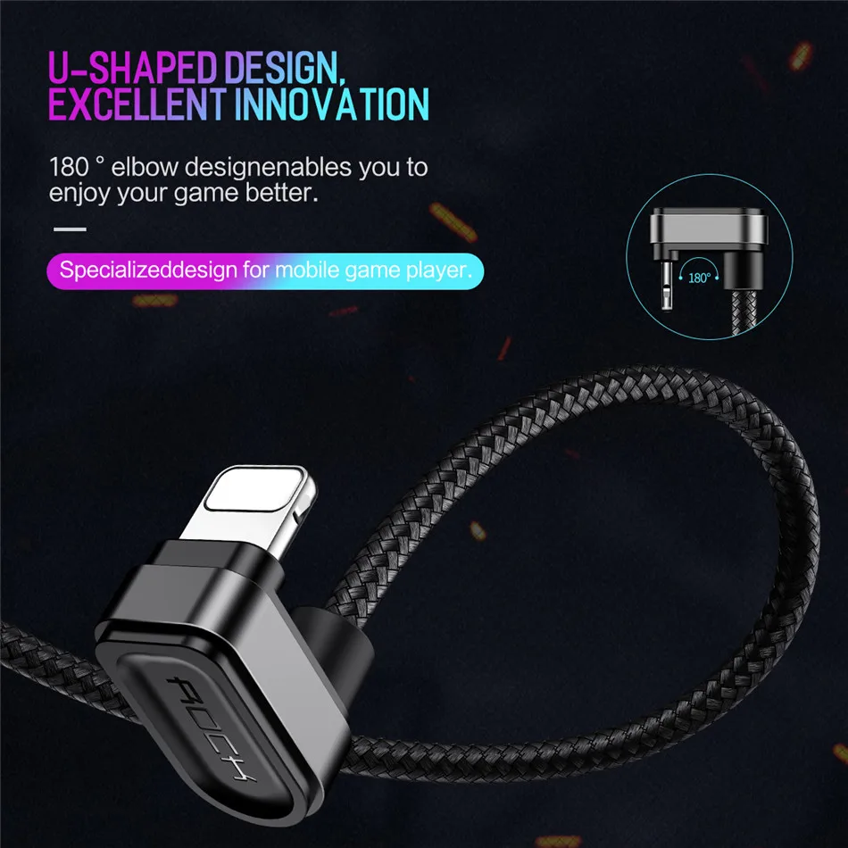 ROCK USB кабель для iphone 2.1A кабель для быстрой зарядки для игр провод 180 градусов u-образный плетеный шнур для синхронизации данных для iphone 11pro x 8 7 6