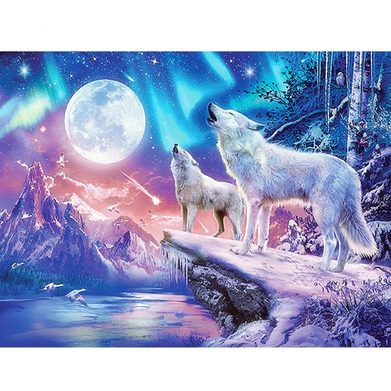 

5D DIY Full Square/Round Diamond Painting Snow Wolf Diamond Embroidery Animals Home Decor Gift Winter Evening Scenery Pattern