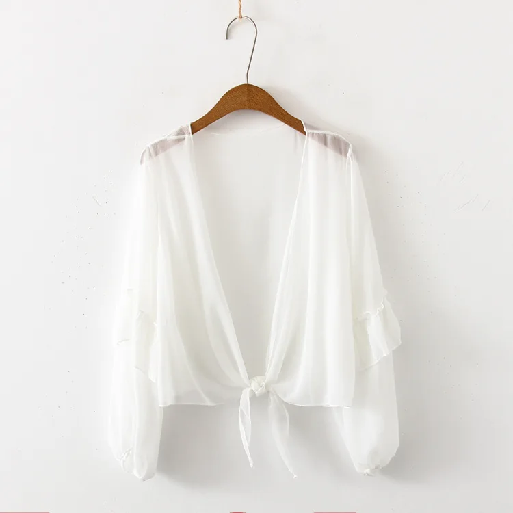 

Sweet Summer New Style Fresh Bow Lace-up Puff Sleeve Thin Solid Color Chiffon Cardigan Shawl Coat Women's