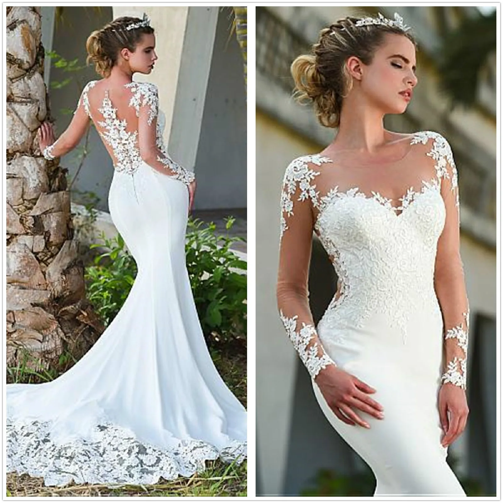 『Cheap!!!』- Sheer Long Sleeves Satin Mermaid Wedding Dresses 2020
Tulle Lace Applique Sweep Train Wedding Bridal Gowns With Buttons Robes
De