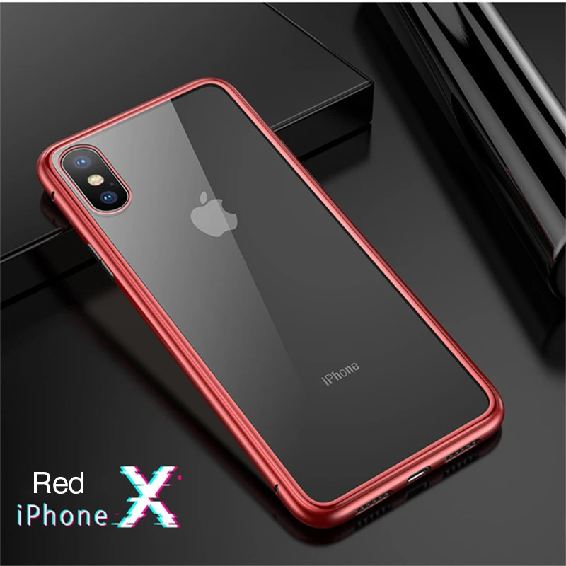 Магнитный адсорбционный металлический чехол на iPhone X XR XS MAX защитный чехол для iPhone 6 6s 7 8 Plus чехол из закаленного стекла - Цвет: Red