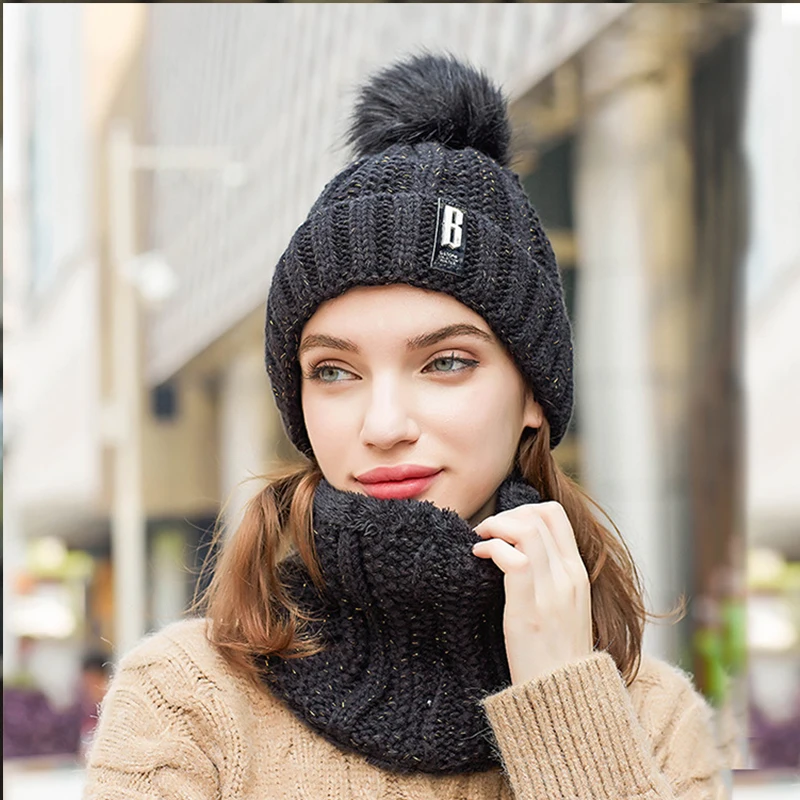 Женская зимняя вязаная шапка с помпоном, шарф, комплект, теплая вязаная шляпа-Кепка с черепом, грелка с толстой флисовой подкладкой для девочек