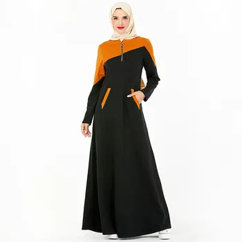 

Fall Dress Autumn 2019 Fashion Black Orange Patchwork Casual Front Pocket Maxi Dresses Plus Size Metal Zipper Winter Long Dress
