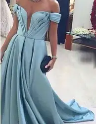 Robe De Soiree модные синие вечерние платья с открытыми плечами Abendkleider А-силуэта Длинные вечерние платья со сборками Vestido Longo