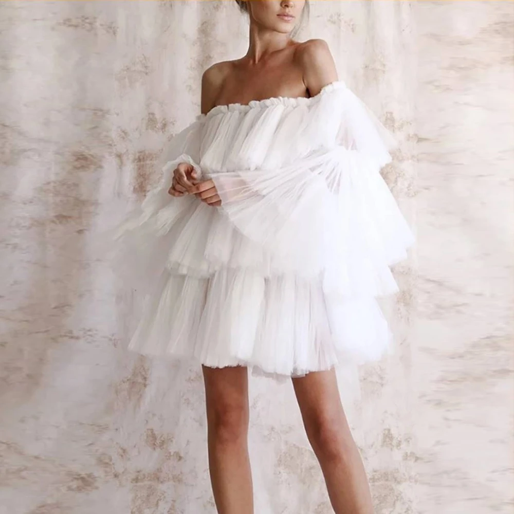 White Tulle Prom Gowns Short Custom Made Puffy Tiered Sleeves Short Party  Dresses Above Knee Vestido De Curto Robe De Soiree - Dresses - AliExpress