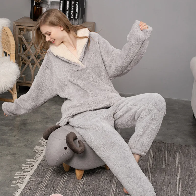 JULY'S SONG Thickening 2 Pieces Women Sleepwear Flannel Winter Pajamas Set T Casual Loose Warm Homewear Coral Fleece Nightwear | Женская