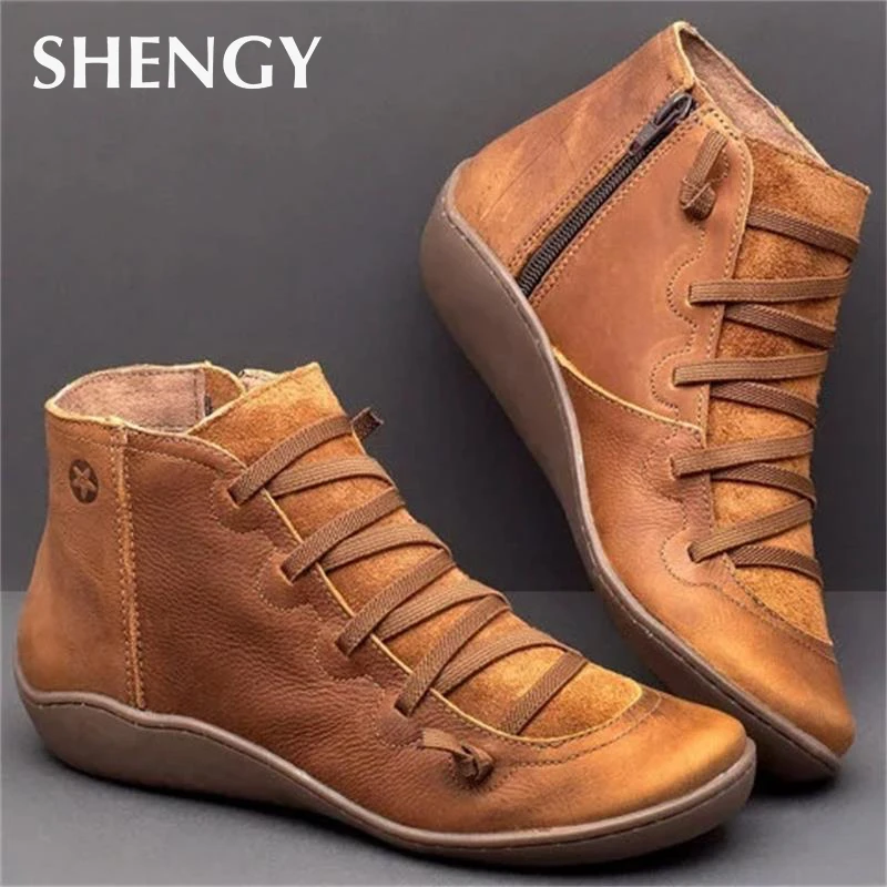 Comprar 2019 botas de otoño Vintage con cordones zapatos de mujer cómodas botas de tacón plano zapatos cortos con cremallera femenina Dropshipping
