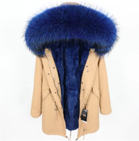 Модная женская одежда, куртка с капюшоном и большим воротником из меха енота, пальто, съемная подкладка из кроличьего меха, зимняя парка, плотное пальто из натурального меха - Цвет: 18