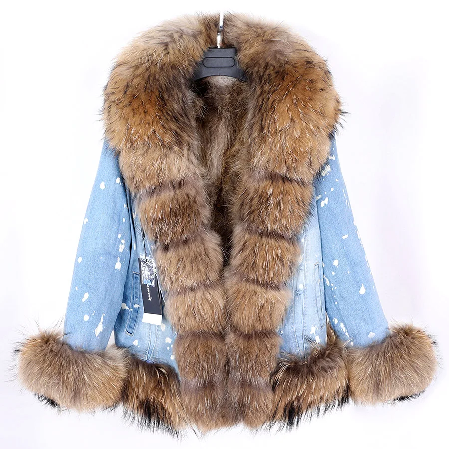 Maomaokong 2023 New Winter Real Natural Raccoon Fox Fur Collar Denim Jacket Short Parka Female Rabbit Fur Lining Women Fur Coat