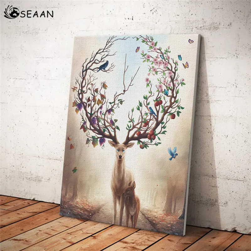 

SEAAN Fairy Deer Oil Painting on Canvas Scandinavian Posters Prints Modern Wall Art Picture for Living Room