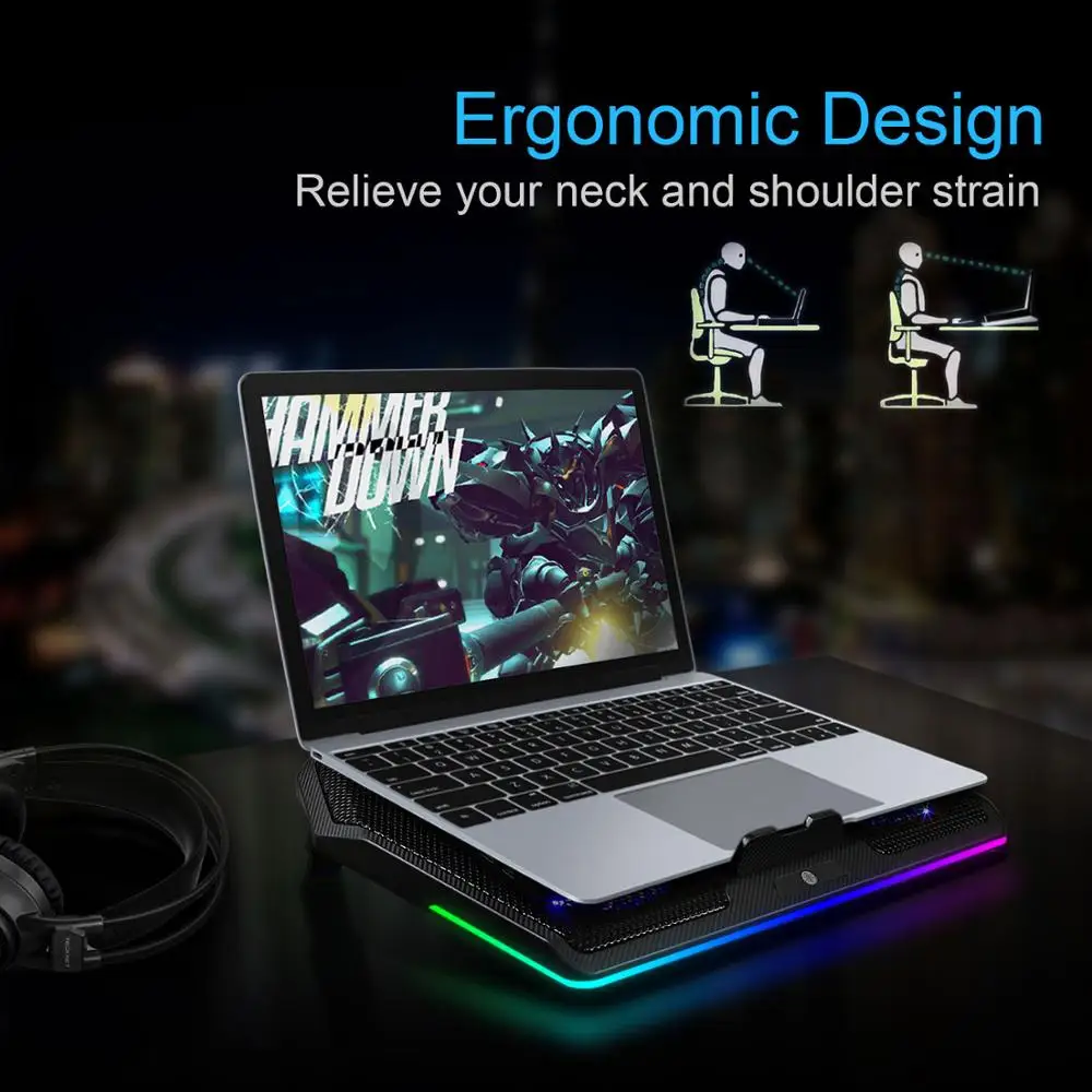 TeckNet Gaming Laptop Cooler Notebook Cooling Pad 5 RGB LED Fans Powerful Air Flow Adjustable Cooling Pad For 12-17 inch Laptop