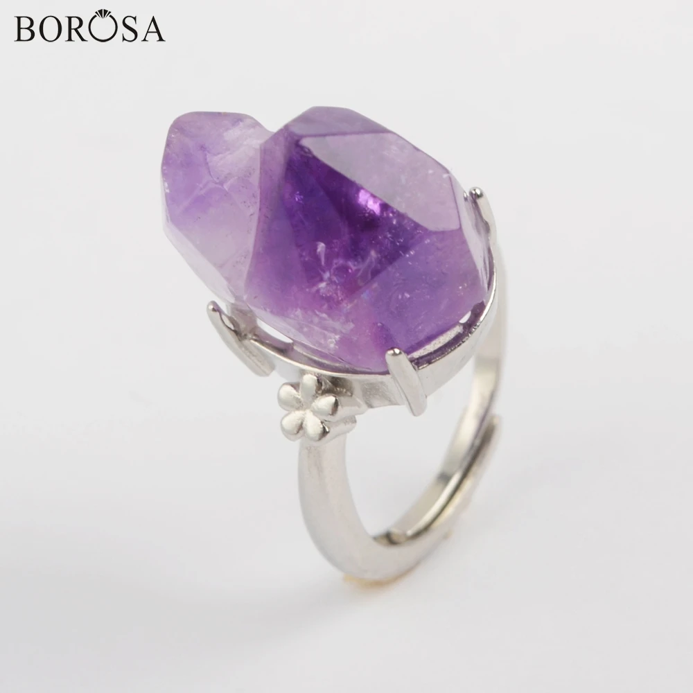 BOROSA 10 шт серебряных различных когтей ободок натуральные аметисты граненые Открытые Кольца фиолетовые кварцевые кольца ювелирные изделия заводская розетка ZG0432