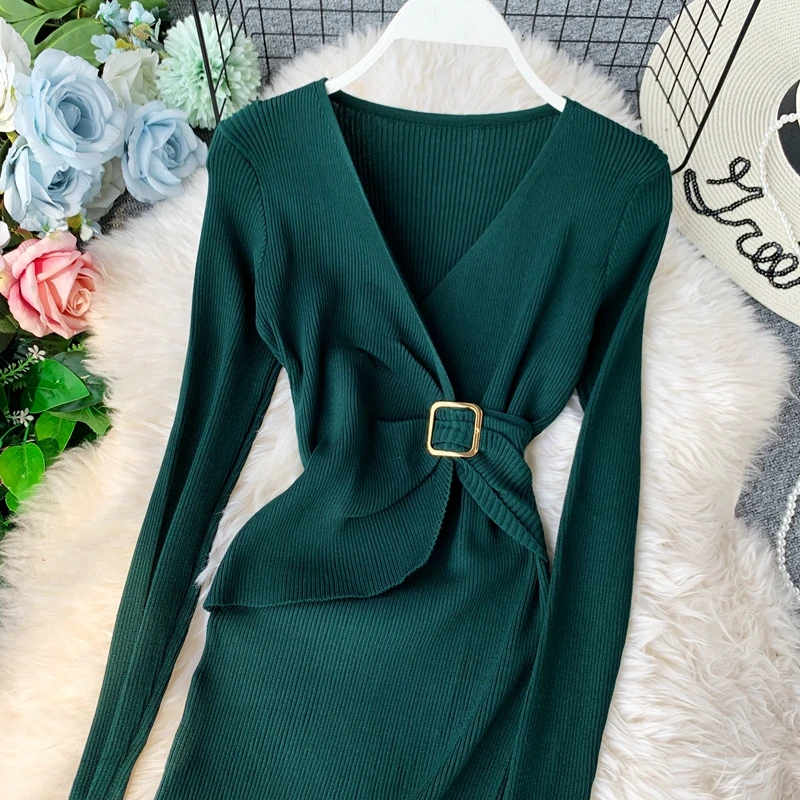 ALPHALMODA Осень Зима Новое поступление женское Облегающее вязаное платье с длинными рукавами v-образный вырез с пряжкой на талии женское однотонное платье