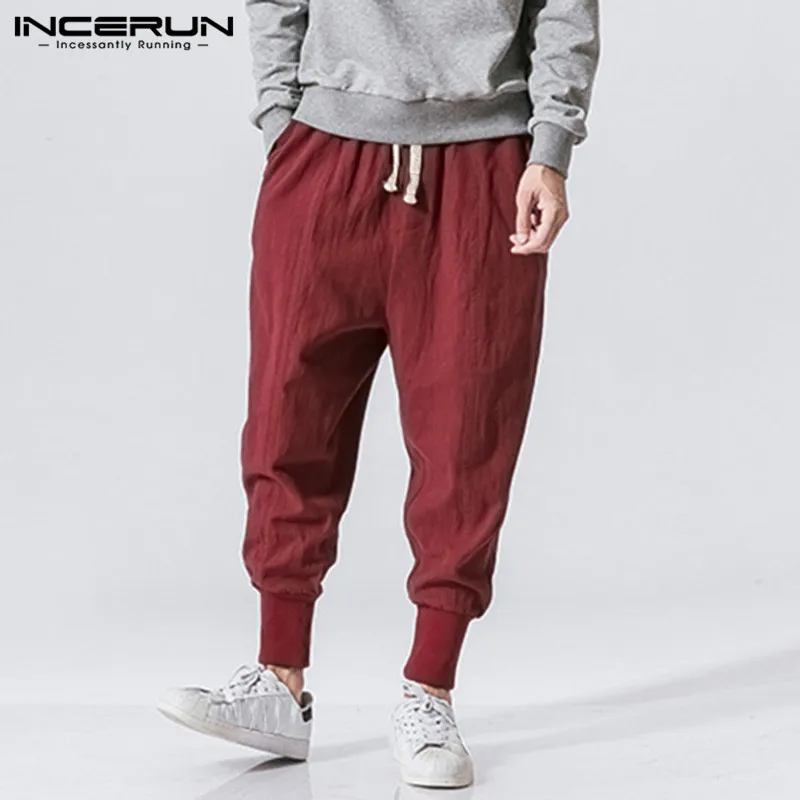 INCERUN Men Harem Pants Drawstring Cotton Joggers Solid Streetwear Drop-Crotch Trousers Men Baggy Casual Sweatpants S-5XL