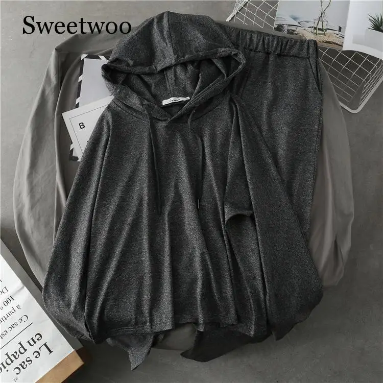SWEETWOO весенний женский комплект из 2 предметов для бега модный свободный короткий спортивный костюм с капюшоном для тренировок Повседневный свободный свитер длинный комплект