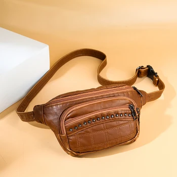

Fashion Women Fanny Pack Pu Leather Waist Bag Vintage Fanny Bag Rivet Pockets Chest Bag Adjustable Phone Pocket Bag Bum Bags
