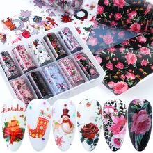 10 шт., Набор стикеров из фольги для ногтей, цветочные рождественские Слайдеры для ногтей, гелевые обертывания, клейкие Переводные картинки, переводные наклейки из фольги, декор LAXKH40-54-65