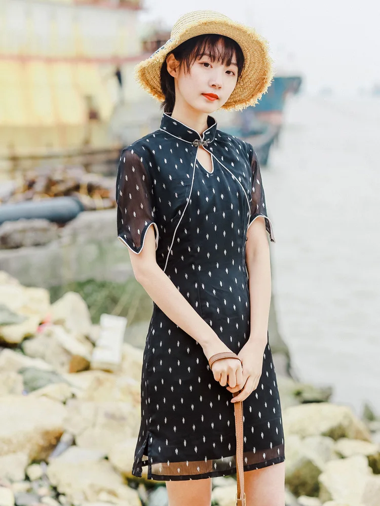 Cheongsam платье Ципао короткое китайское Новогоднее Qi Pao женское черное |